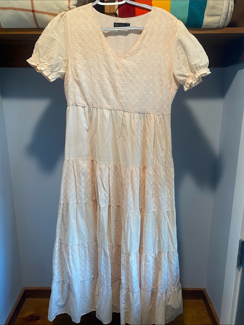 Mikarose Light Peach Tiered V-Neck Dress with Puff Sleeves